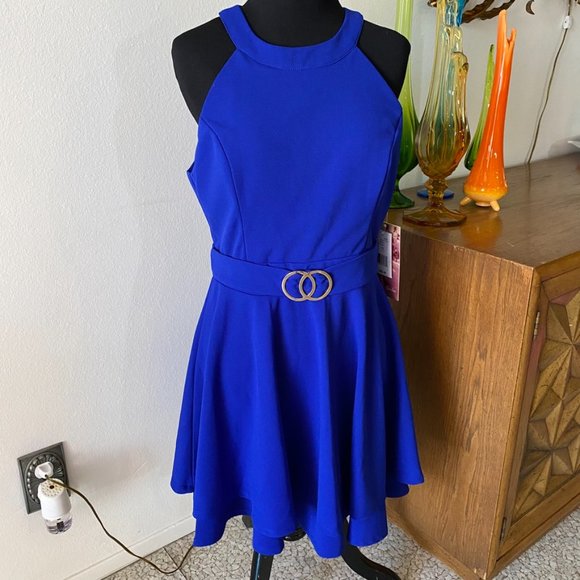Royal Blue Emerald Sundae Cocktail dress with Gold emblem self Belt Size 11 NWT - Picture 3 of 12